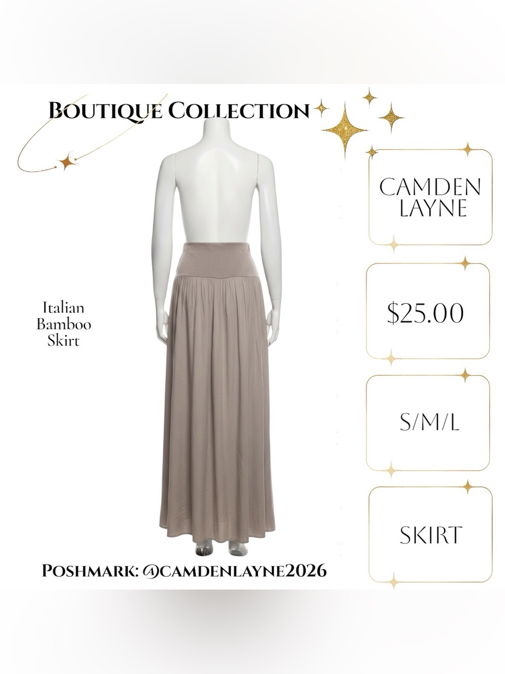 Italian Bamboo Grey-Taupe Maxi Skirt with Wide Waistband - Picture 8 of 8